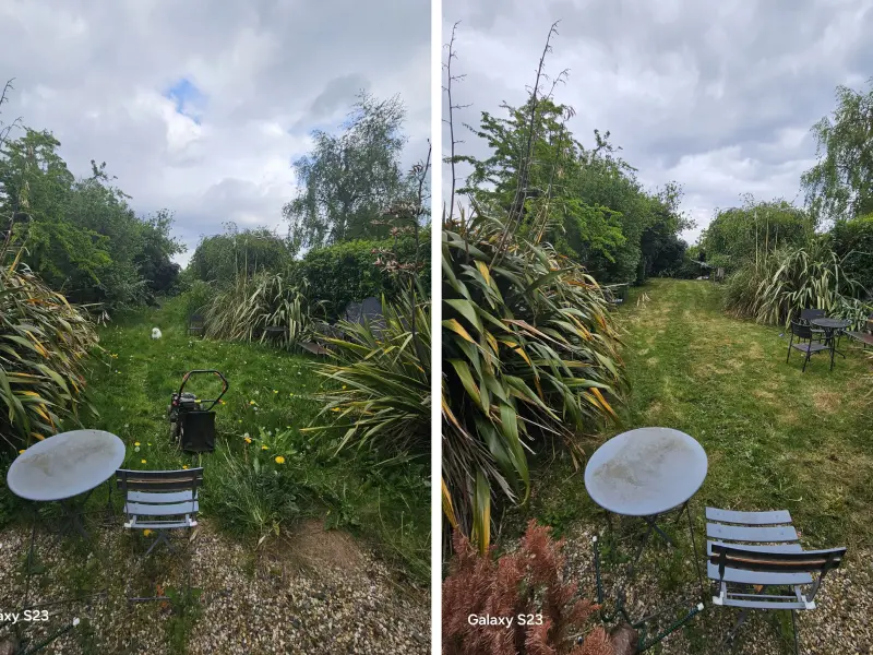 A garden before and after the grass got mowed